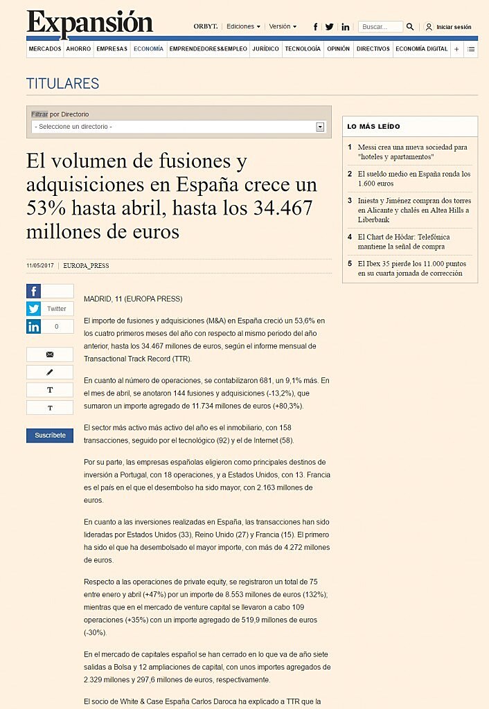 El volumen de fusiones y adquisiciones en Espaa crece un 53% hasta abril, hasta los 34.467 millones de euros